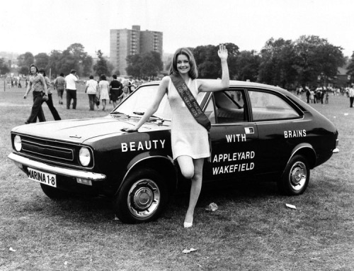 Miss Coal Queen 1973, with a Morris Marina